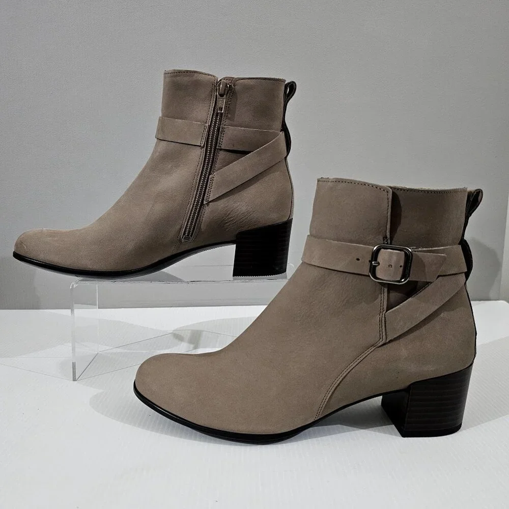 Ecco Dress Classic 35 Ankle Boot Womens EU 41 Taupe Leather Block Heel NEW